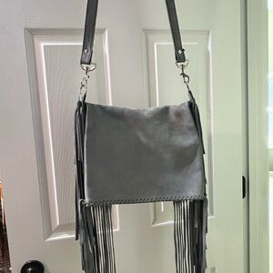 Grey suede fringe foldover western hippie cowgirl handmade crossbody bag